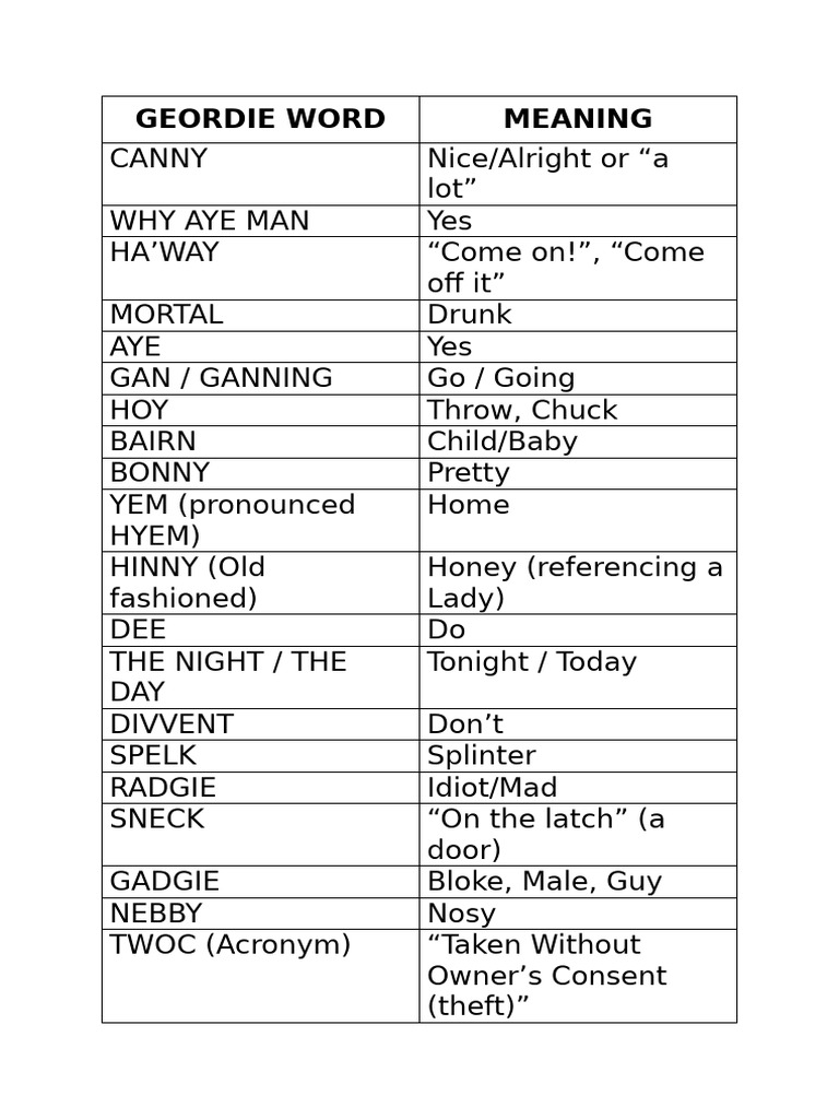 Geordie Slang and Expressions Guide | PDF
