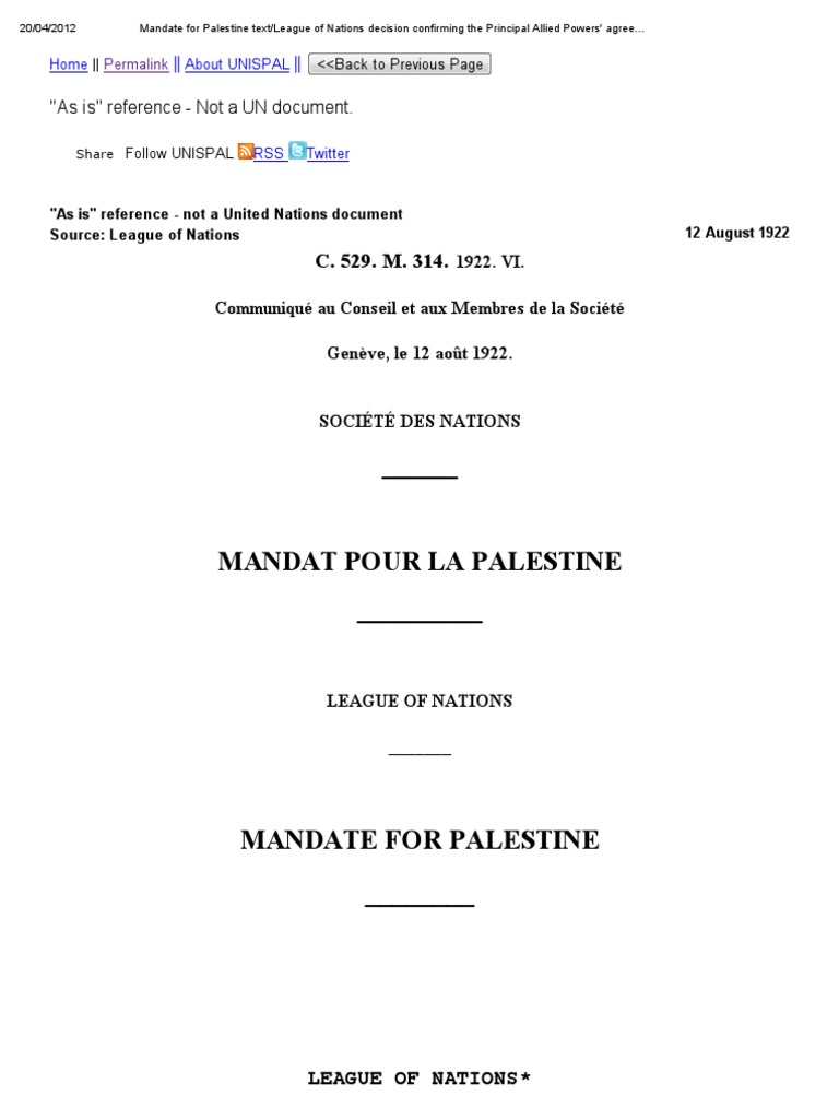 Mandate For Palestine - League of Nations (12 August 1922) | PDF