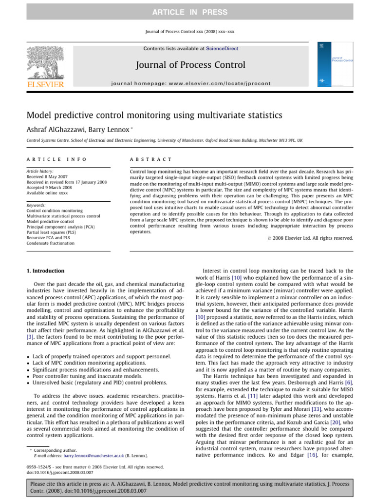 Model Predictive Control Monitoring Using Multivariate Statistics | PDF ...
