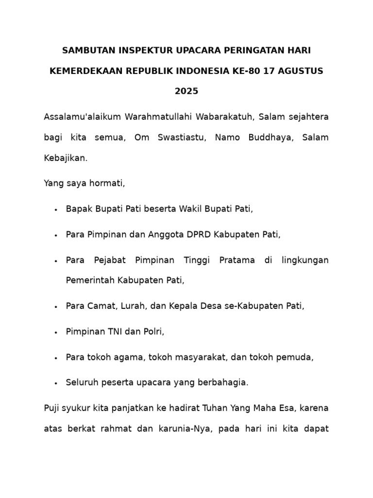 Sambutan Inspektur Upacara Peringatan Hari Kemerdekaan Republik ...
