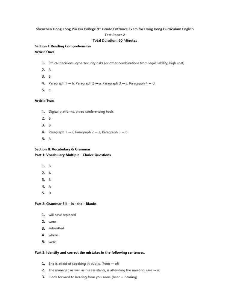 9th Grade English Exam Answers | PDF