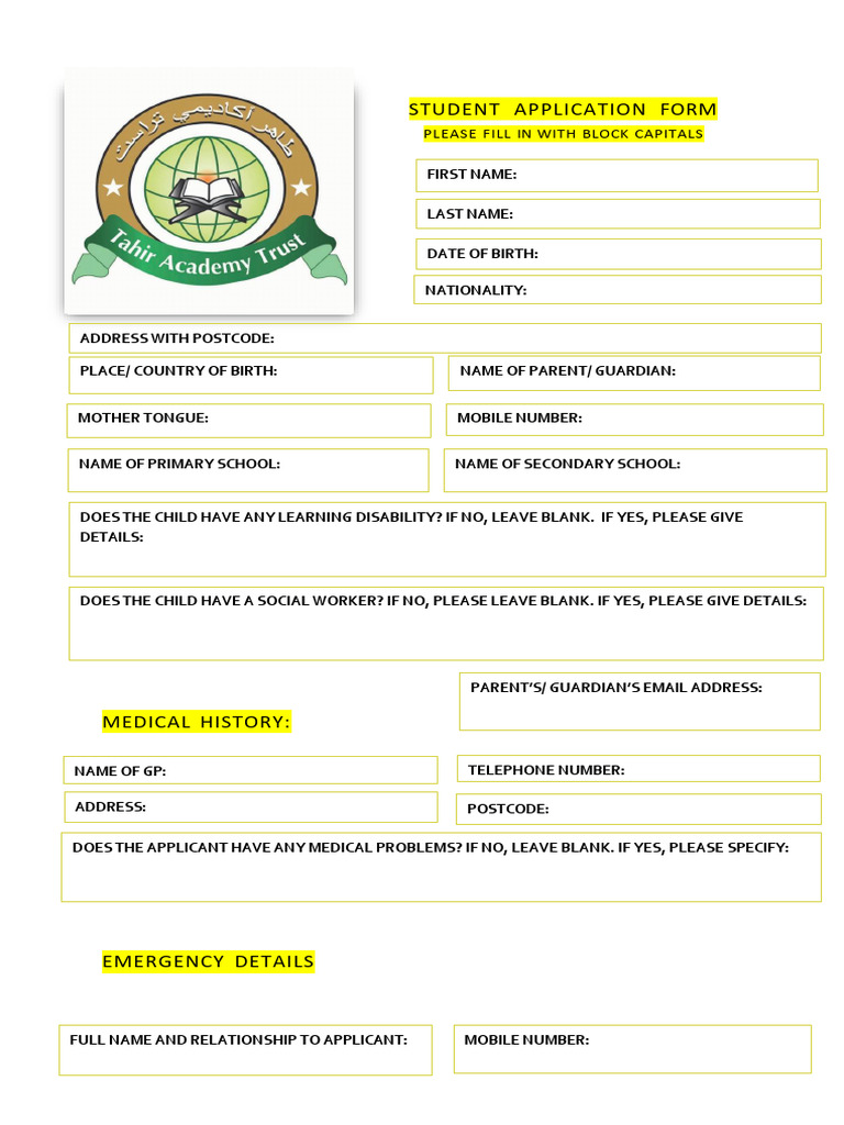 Student Application Form for Tahir Academy | PDF | Teachers