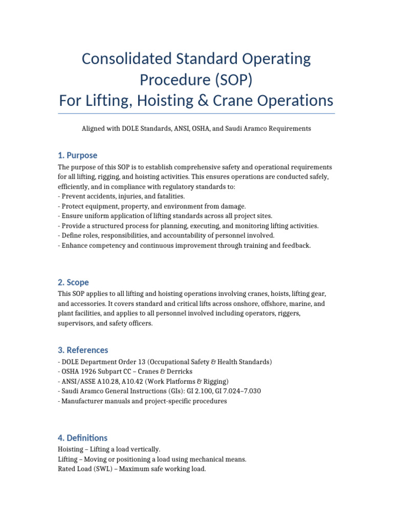 SOP for Lifting and Hoisting Operations | PDF | Crane (Machine) | Safety