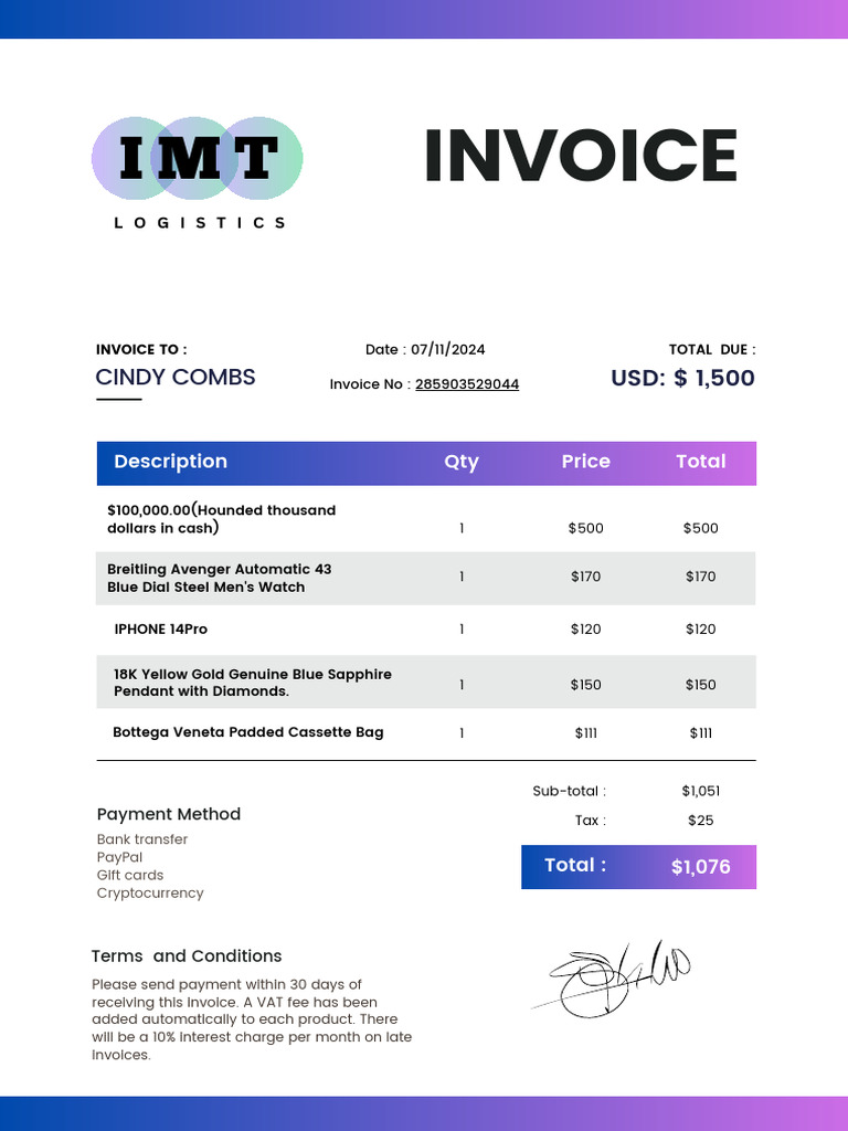 Invoice for Cindy Combs - $1,500 Due | PDF
