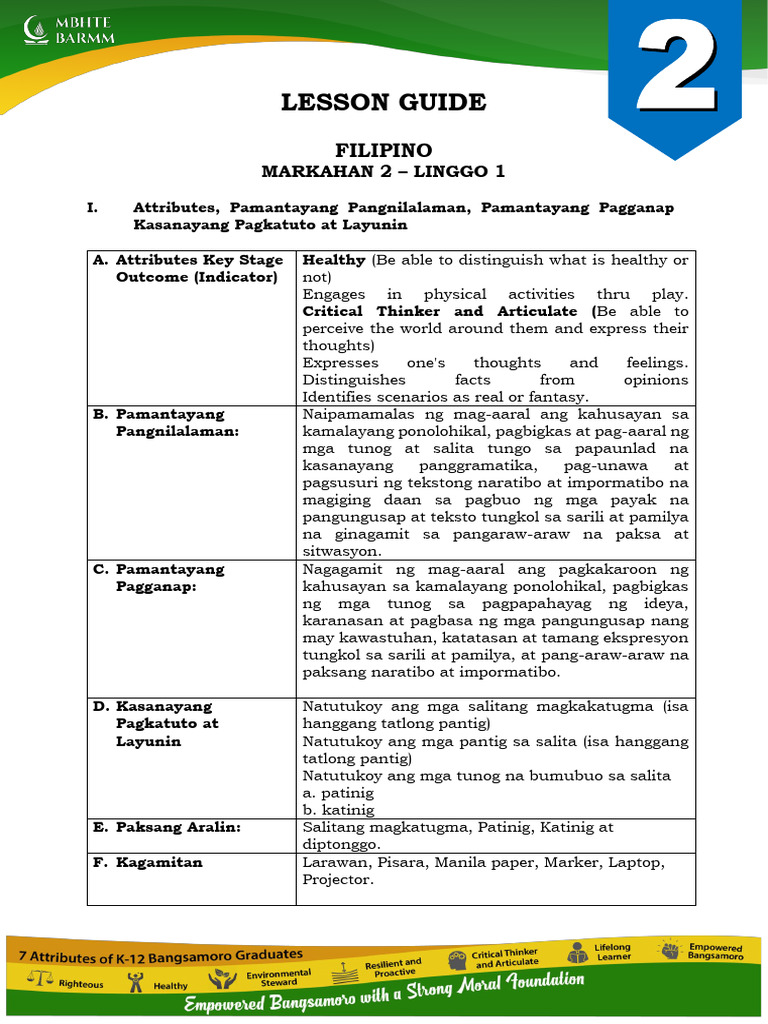 Lesson Guide: Filipino | PDF