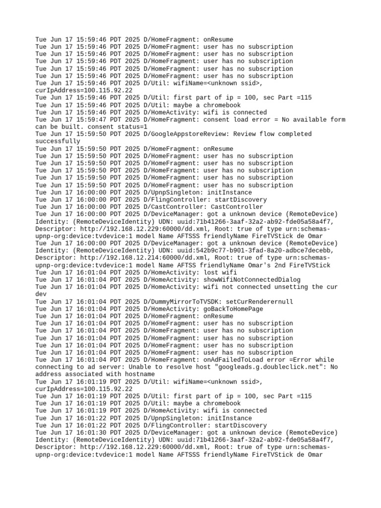 HomeFragment Subscription and Device Logs | PDF | Network Architecture ...