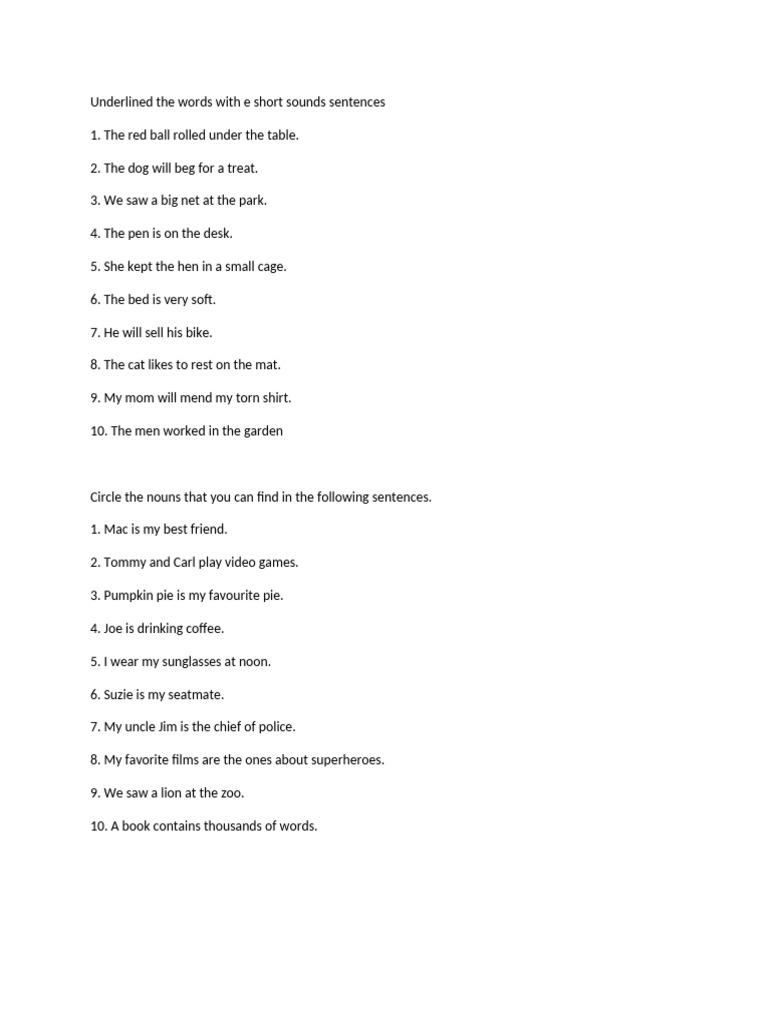 Short Sound Sentences and Noun Exercises | PDF