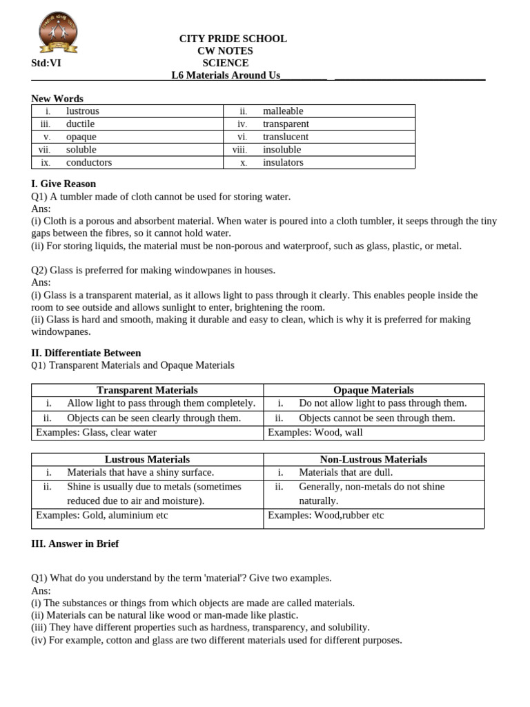 L6 Materials Around Us CW Notes | PDF | Glasses | Solubility
