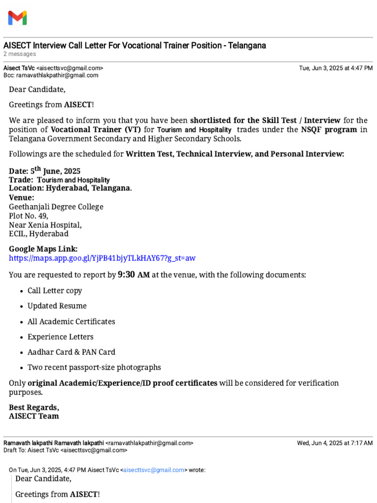 AISECT Interview Call Letter For Vocational Trainer Position ...