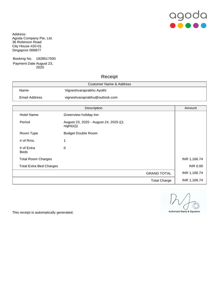 Agoda Hotel Bill Receipt | PDF