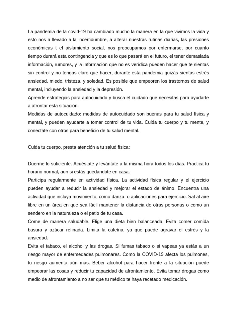 Estrategias de autocuidado en pandemia | PDF | Ansiedad | Salud mental