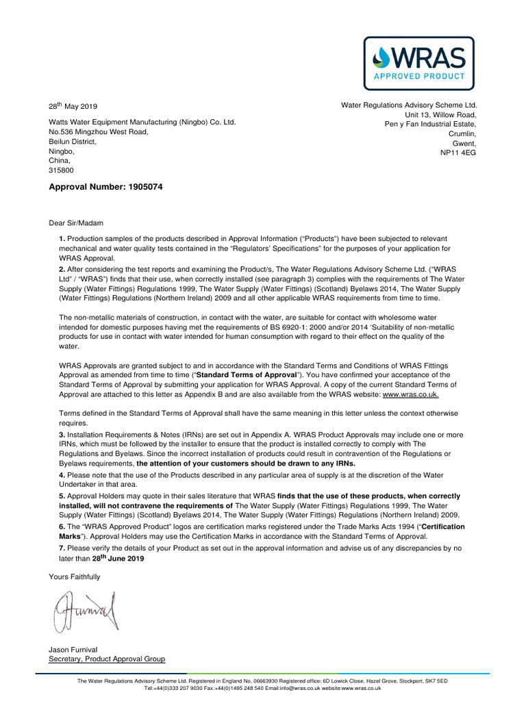 WRAS Approval for Watts Control Valves | PDF | Tort | Legal Liability