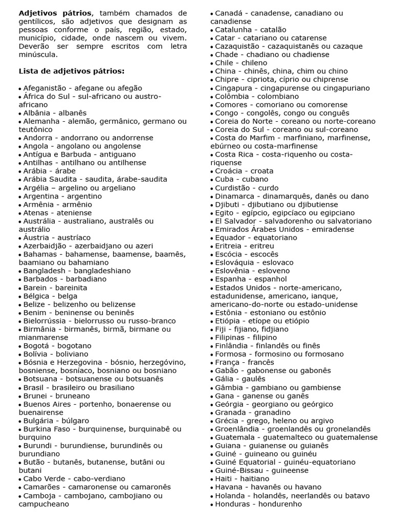 Lista de Adjetivos Pátrios e Compostos | PDF | Línguas faladas na ...