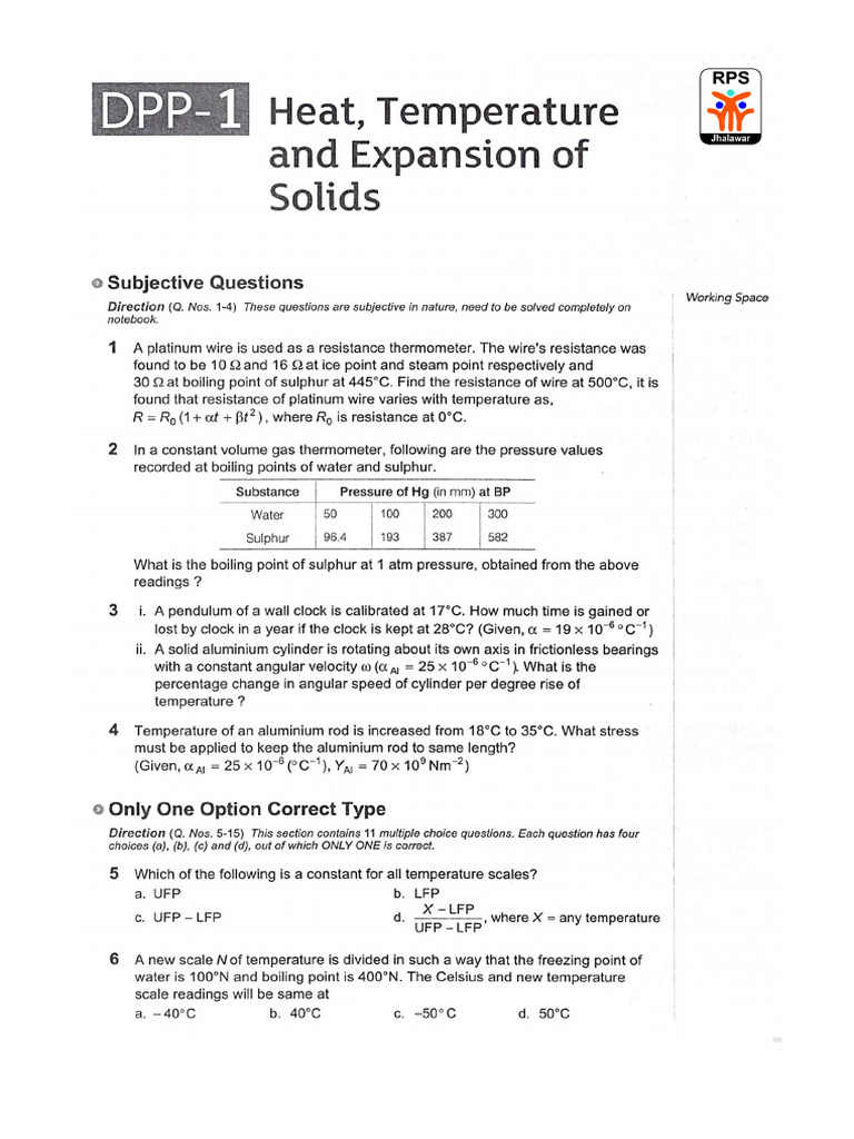 DPP 1 - Heat, Temperature & Expansion of Solids | PDF