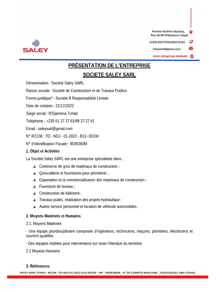 Présentation de la Société Saley SARL | PDF