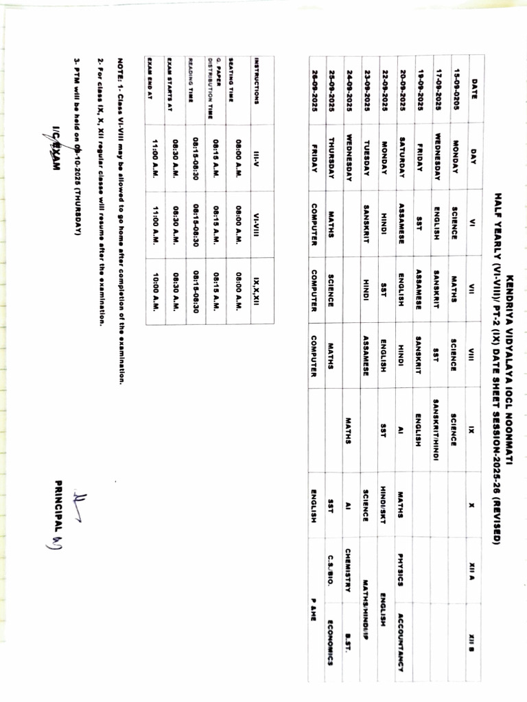 Revised Half-Yearly Exam Schedule 2025 | PDF