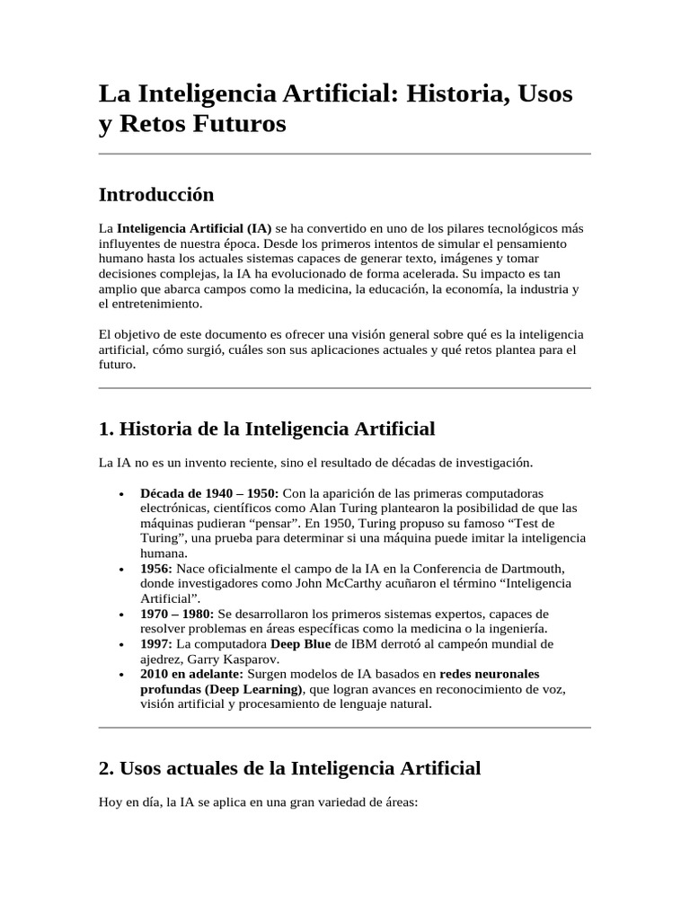 Historia y Usos de la IA | PDF | Inteligencia artificial | Inteligencia ...