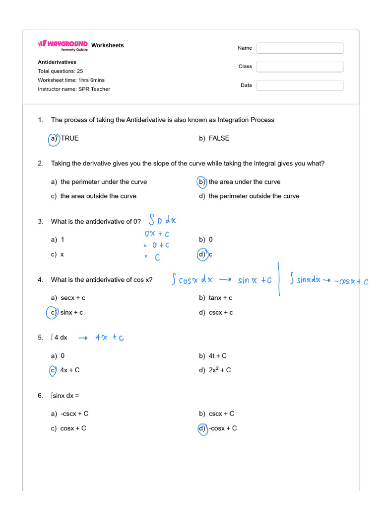 Antiderivative Worksheets with Answers | PDF | Integral | Mathematical ...