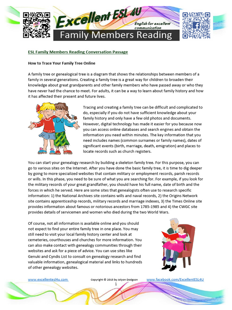 ESL Family Members Reading Worksheet | PDF | Genealogy | Kinship And ...