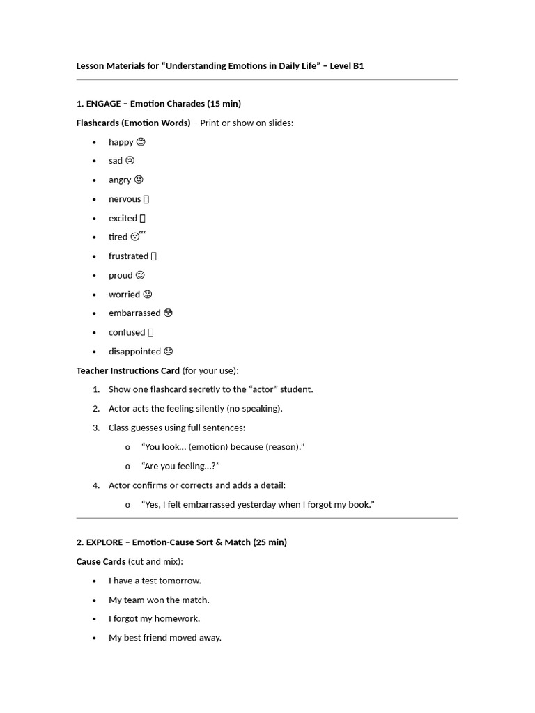 Lesson Plan: Understanding Emotions B1 | PDF | Psychological Concepts ...
