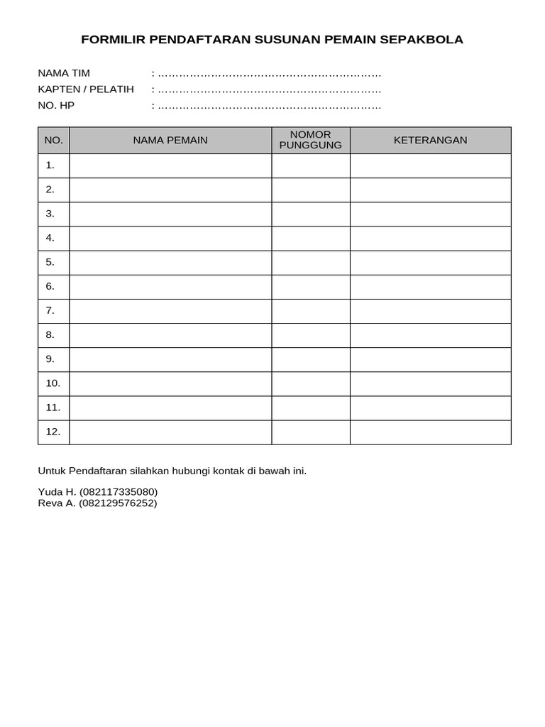 Formulir Pendaftaran Tim Sepakbola | PDF