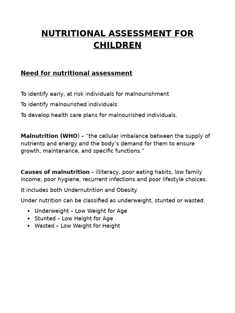 Nutritional Assessment For Various Age Community | PDF | Malnutrition