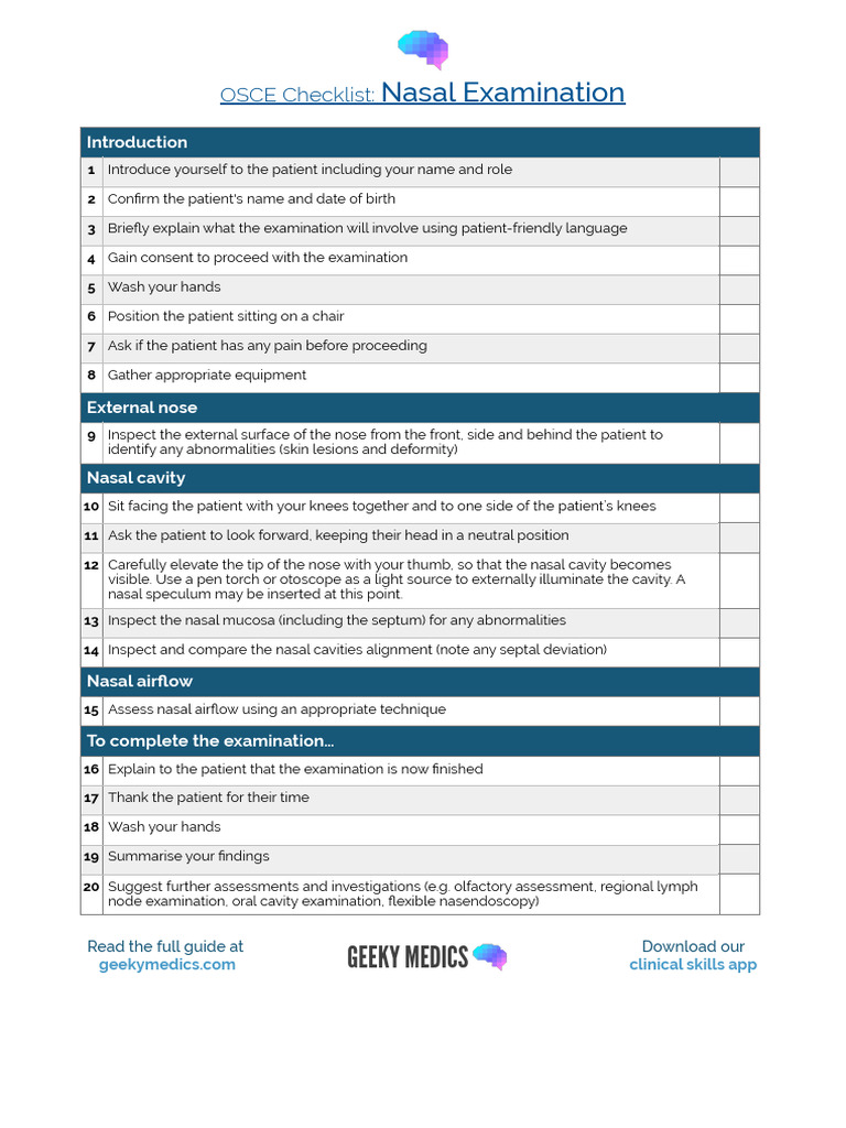 Nasal Examination OSCE Checklist | PDF
