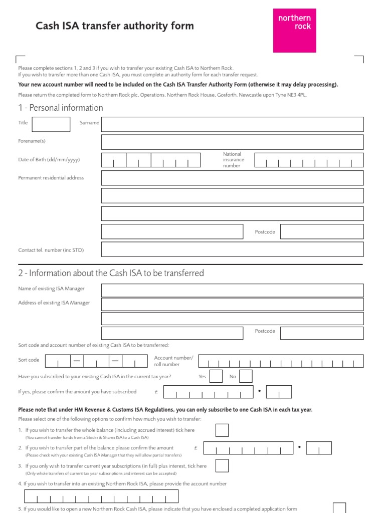 Cash ISA Transfer Authority Form | PDF | Northern Rock | Financial Services