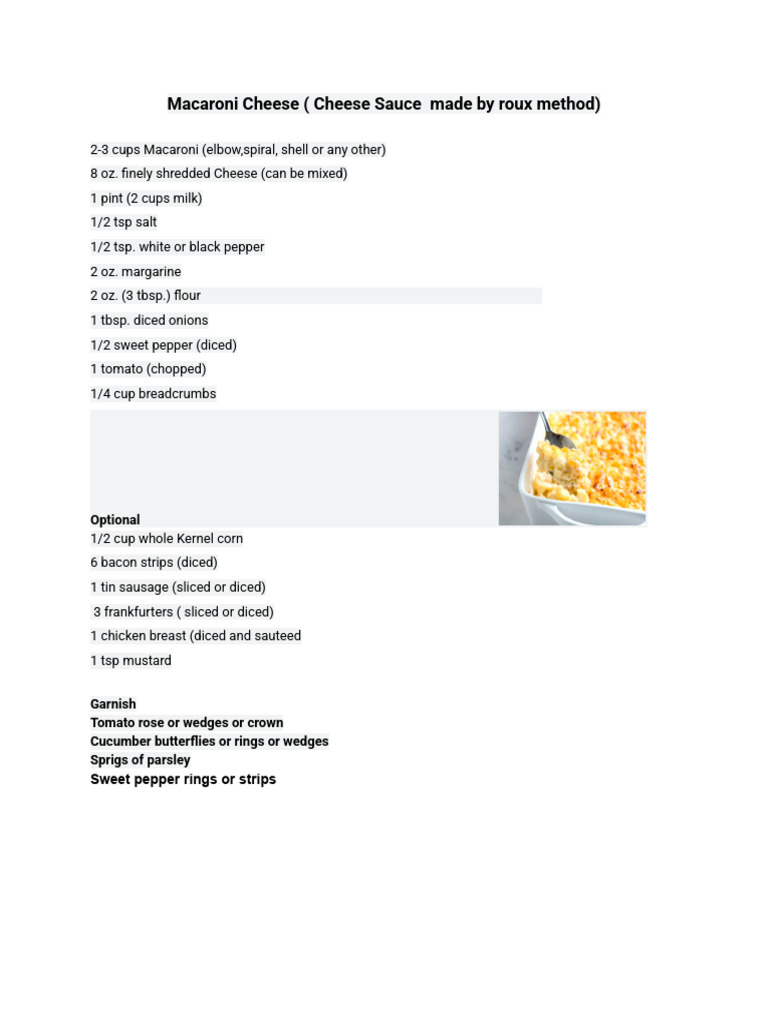 Macaroni Cheese (Cheese Sauce Made by Roux Method) | PDF