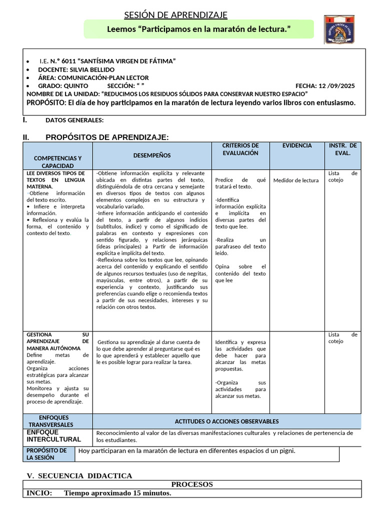 PLAN LECTOR-Maratón de Lectura 12-09-2025 | PDF | Aprendizaje | Información