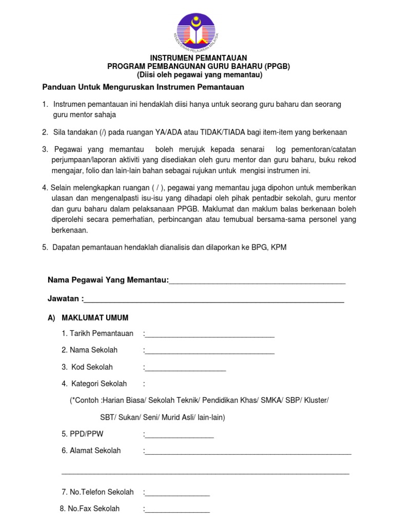 Borang Pemantauan PPGB 2011 | PDF