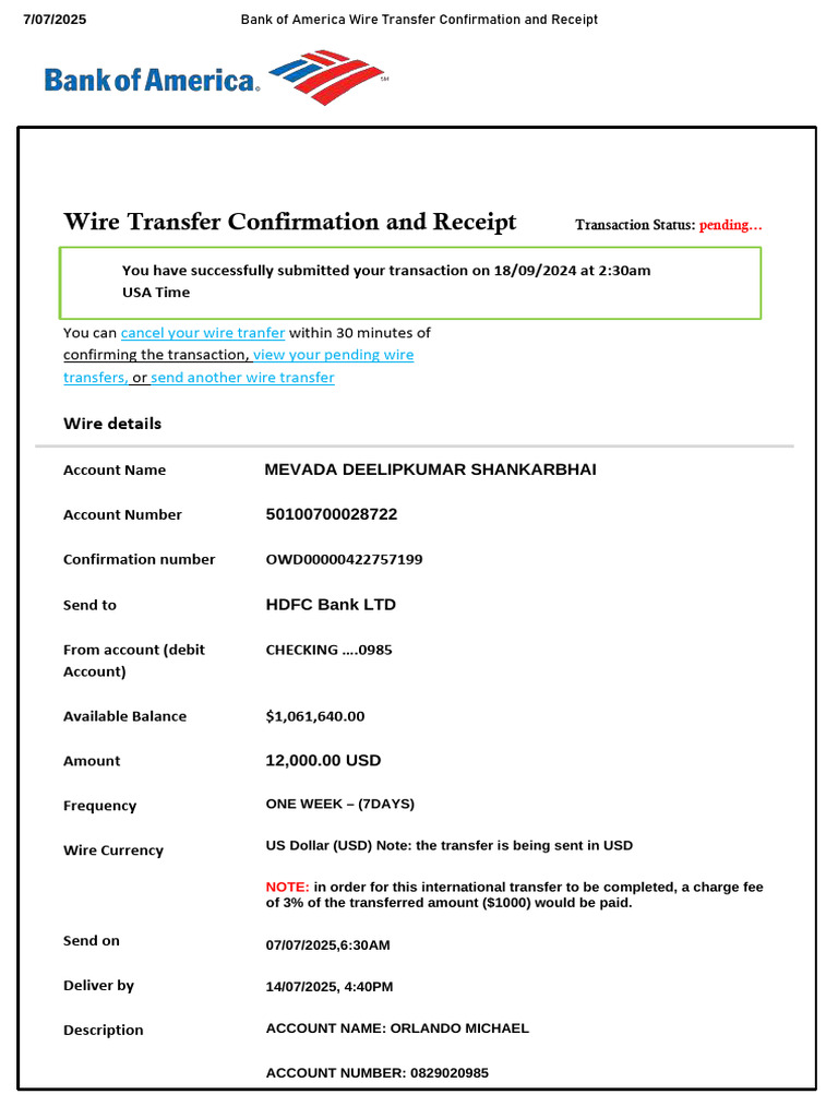Bank of America Wire Transfer Receipt | PDF