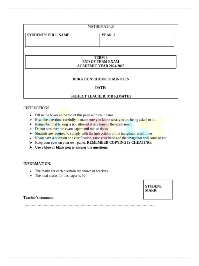 Year 7 Mathematics Exam Paper | PDF | Area | Mathematics