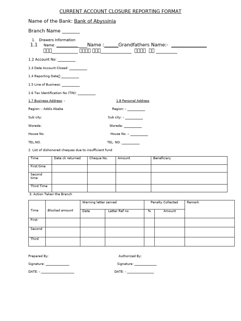 Current Account Closure Reporting Form | PDF