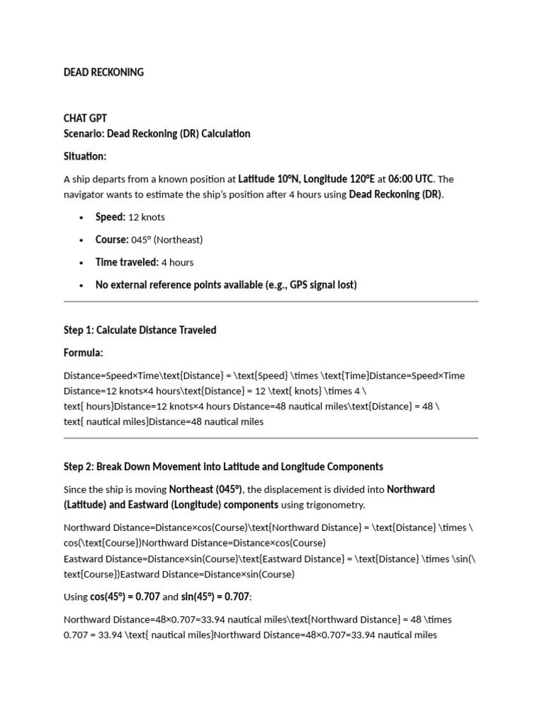 Dead Reckoning Position Calculation | PDF | Longitude | Latitude