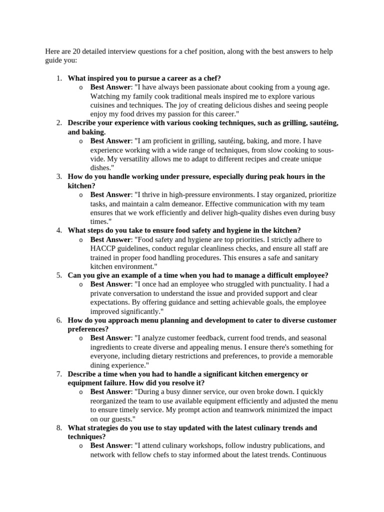 Essential Chef Interview Questions & Answers | PDF | Chef | Menu
