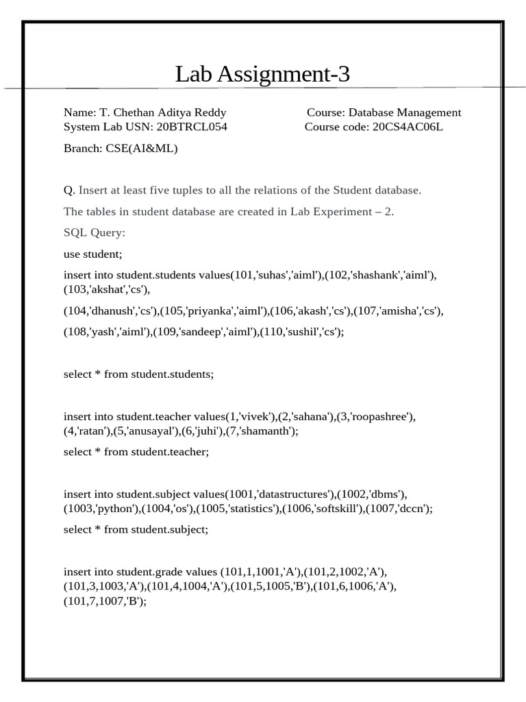T.chethan Aditya Reddy DBMS LAB 03 | PDF