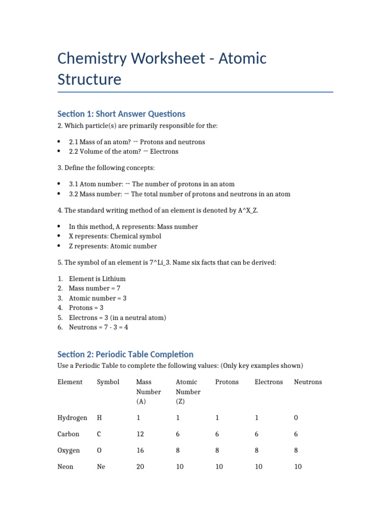 Atomic Structure Worksheet Answers | PDF