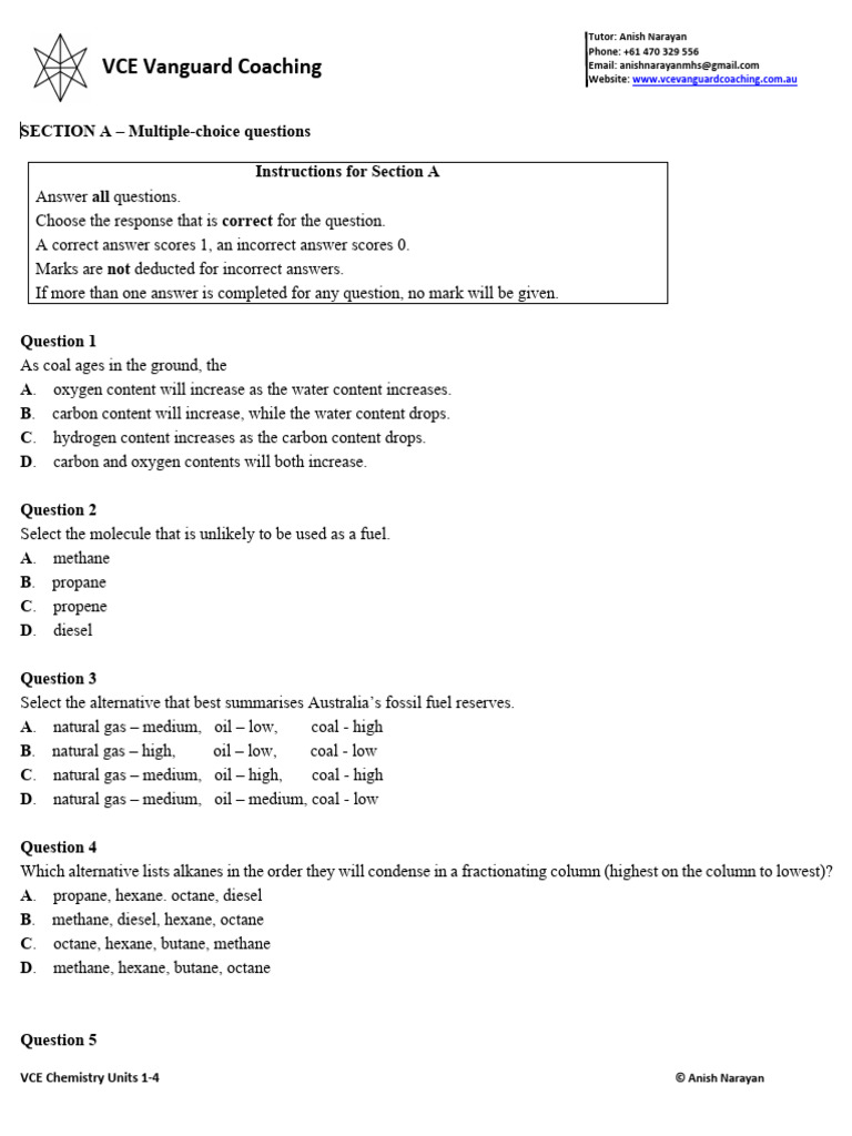 VCE Chemistry Coaching Questions Guide | PDF | Biofuel | Biodiesel