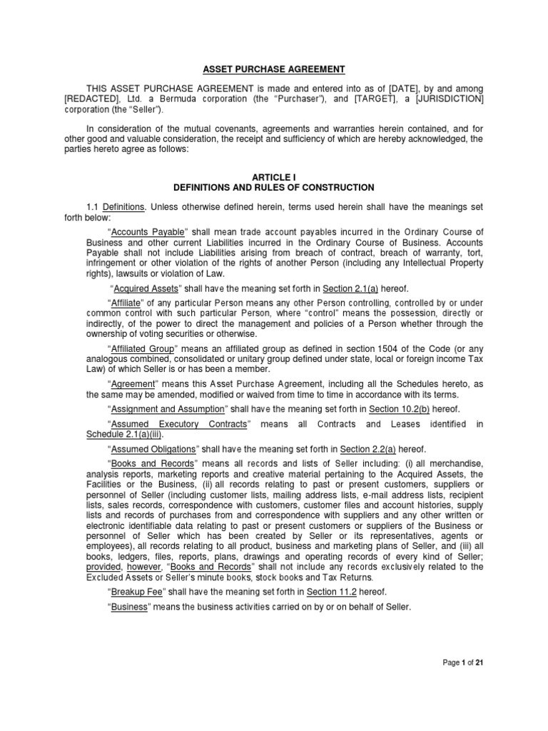 Asset Purchase Agreement Overview | PDF | Intellectual Property | Taxes