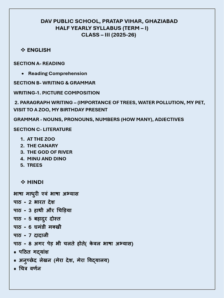 Class 3 Half Yearly Syllabus 2025-26 | PDF
