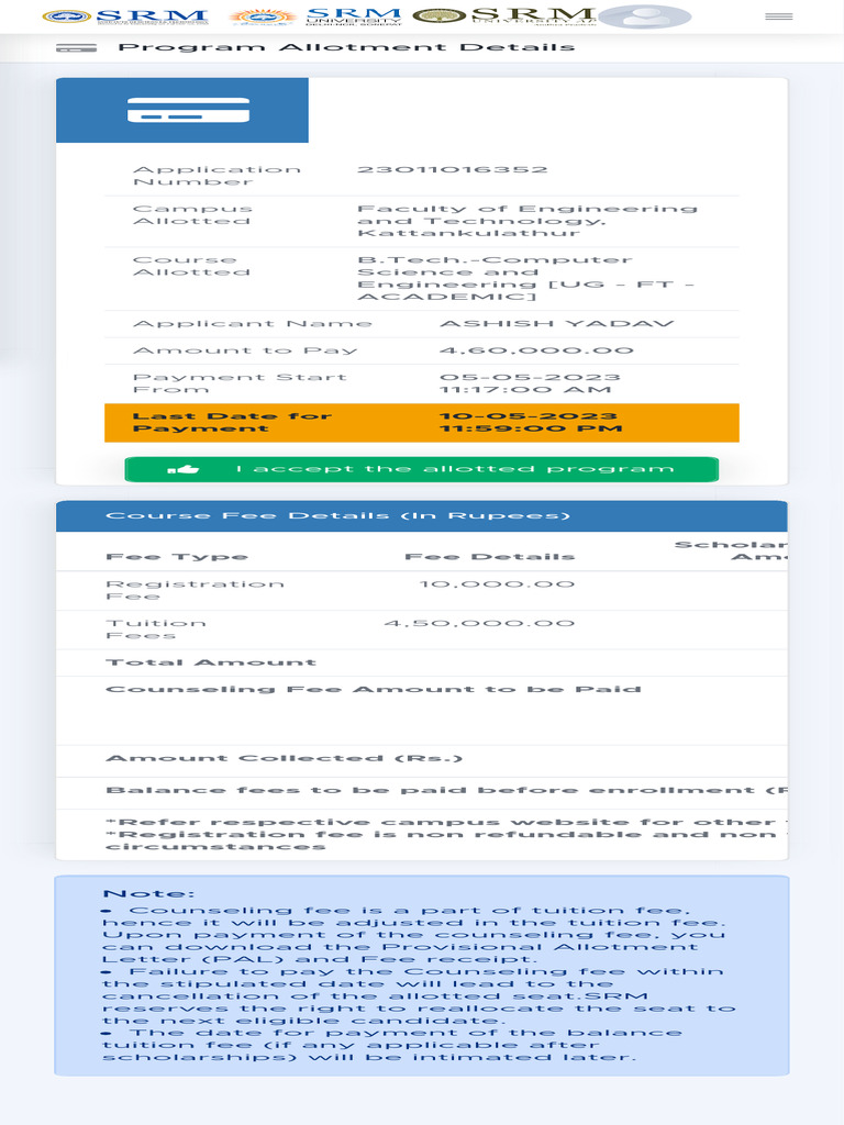 SRMIST Online Admission Portal | PDF