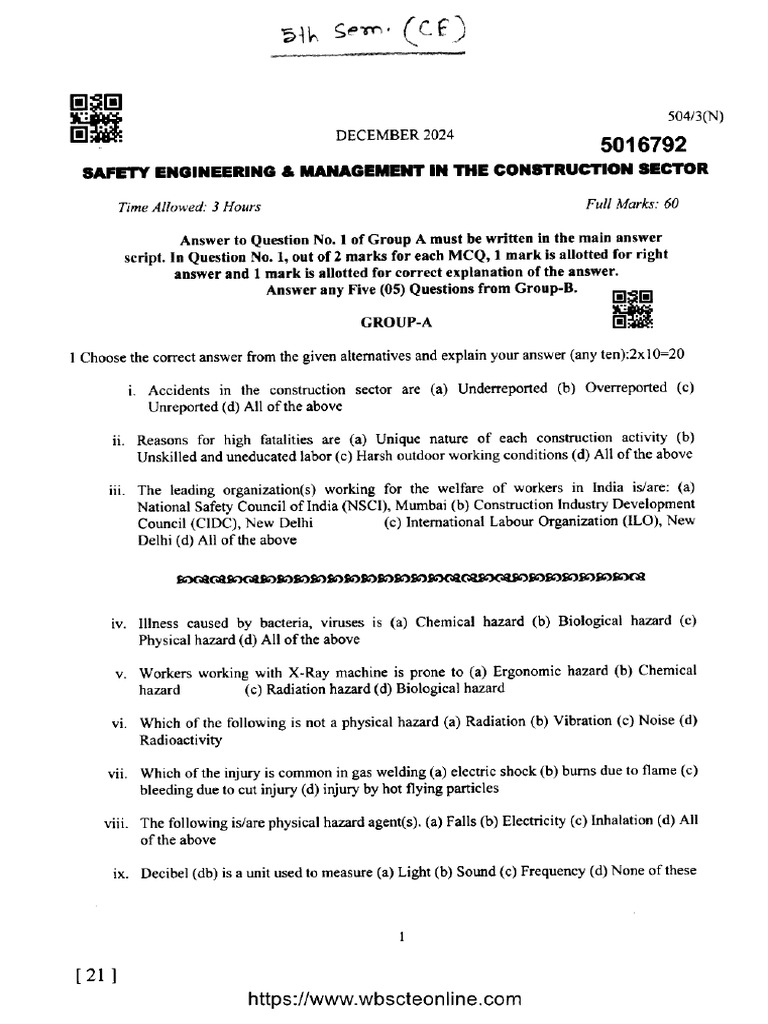 Civil 5 Sem Safety Engineering and Management in The Construction ...