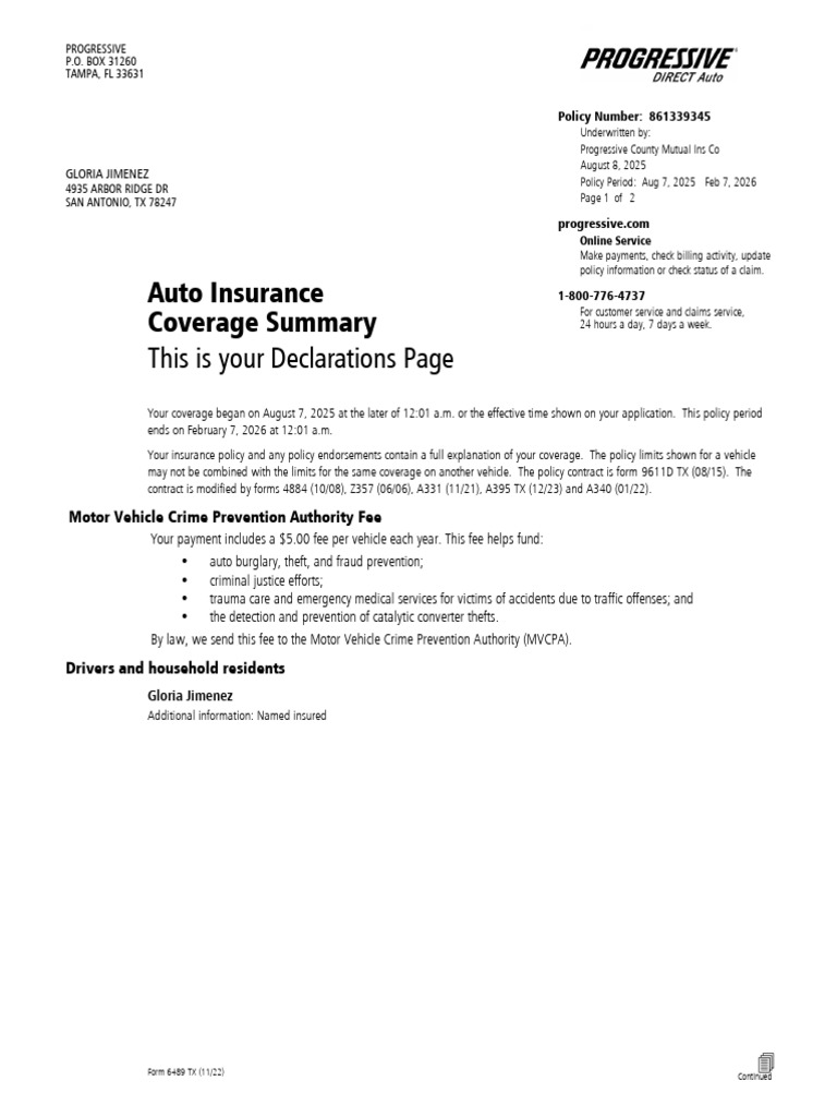 Progressive Auto Insurance Declaration | PDF | Insurance | Health ...