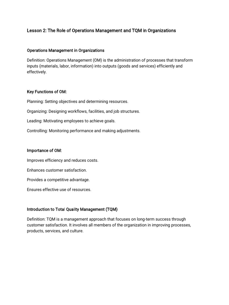 Operations Management and TQM Overview | PDF | Operations Management ...