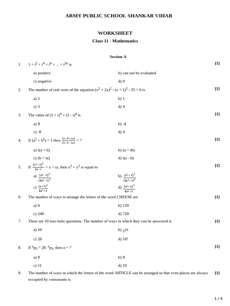 Class 11 Mathematics Worksheet on Complex Numbers | PDF | Numbers ...