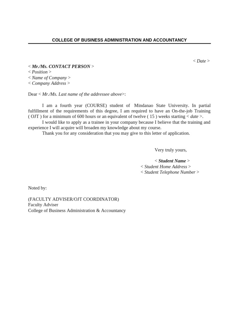 OJT Application Letter Template | PDF
