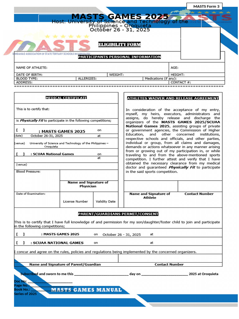 MASTS Games 2025 Eligibility Form | PDF | Parent | Consent