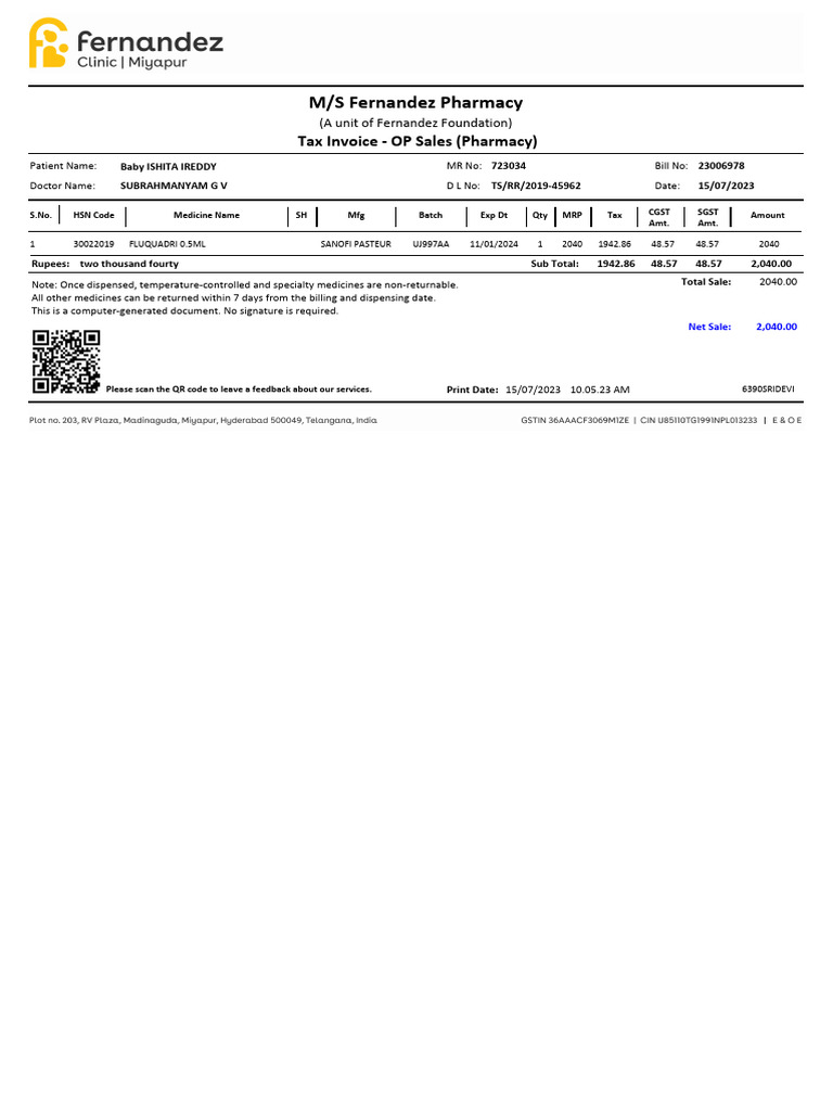 Tax Invoice for Pharmacy Sale | PDF