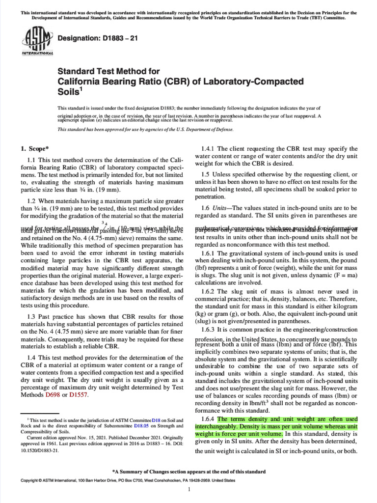 ASTM D1883-21: CBR Test Method | PDF | Quantity | Mass